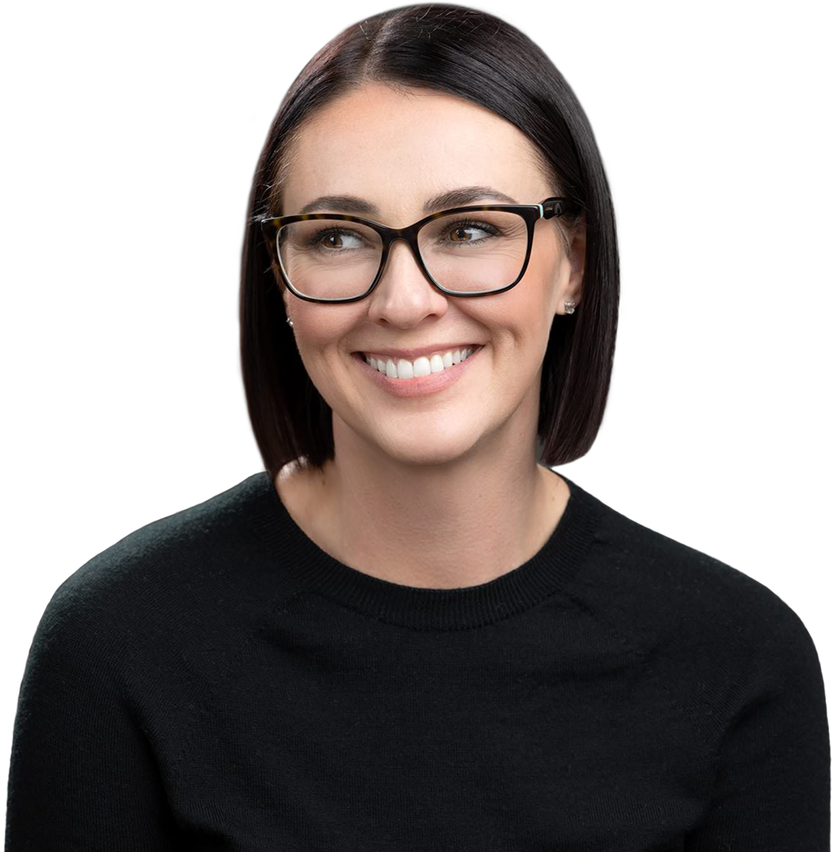 A woman with short, dark hair and glasses is smiling and looking to the side, showcasing her stylish black sweater. Captured beautifully by Denver Headshot Co.